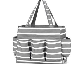 Monogrammed Gray and white Carry All Bag, Embroidered Personalized Multi Pocket Tote Bag, Monogrammed Striped Teacher Bag, Organizing Tote