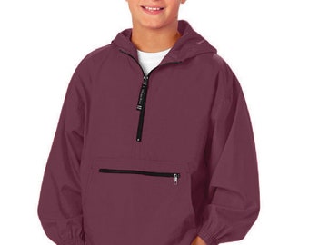 Youth Maroon Monogrammed Pack N Go Lightweight Half Zip Rain Jacket Pullover by Charles River Apparel