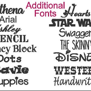 May include: A collection of various font styles displayed on a white background. The fonts include cursive, bold, and block lettering, with the words "Additional Fonts" in pink. Font names include "Athena", "Arial", "Ashley", "STENCIL", "STAR WARS", and "Disney".