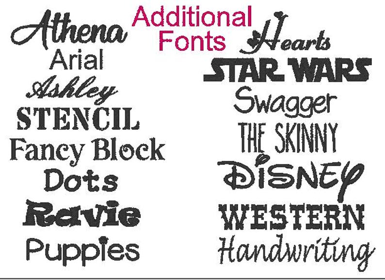 May include: A collection of various font styles displayed on a white background. The fonts include cursive, bold, and block lettering, with the words "Additional Fonts" in pink. Font names include "Athena", "Arial", "Ashley", "STENCIL", "STAR WARS", and "Disney".