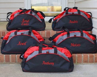 Set of 7 Duffle Bags, Embroidered Groomsmen Gifts, Personalized Men's Gym Bag, Royal Navy Black Red Lime