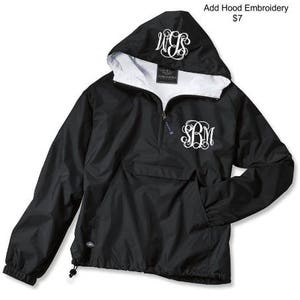 May include: Black hooded pullover jacket with a white monogram on the hood and a white monogram on the front. Add Hood Embroidery $7