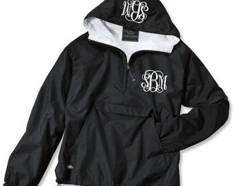 Black Monogrammed Personalized Half Zip Rain Jacket Pullover by Charles River Apparel