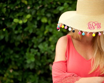 Personalized Pom Pom Floppy Beach Hat,2 Monogrammed Beach Hats,Floppy Hat, Bachelorette Party Hat, Personalized Straw Hat,Bride Bridesmaid