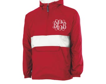 Red and White Striped Monogrammed Personalized Half Zip Rain Jacket Pullover by Charles River Apparel