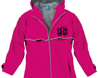 Hot Pink Ladies New Englander Rain Jacket Monogrammed Personalized Full Zip by Charles River Apparel