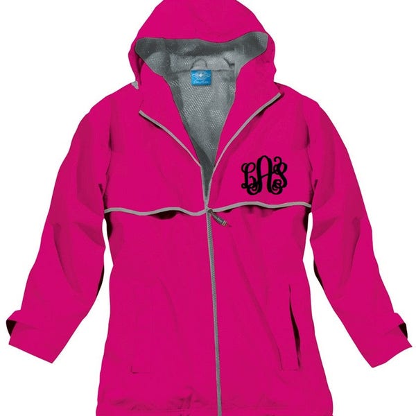 Hot Pink Ladies New Englander Rain Jacket Monogrammed Personalized Full Zip by Charles River Apparel