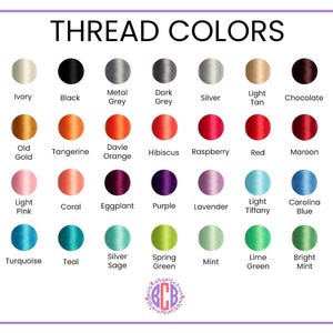 May include: A color chart displaying a variety of thread colors. The text "THREAD COLORS" is at the top. Colors include white, black, silver, red, and green. Each color is labeled with its name, such as "Lemon" and "Royal".