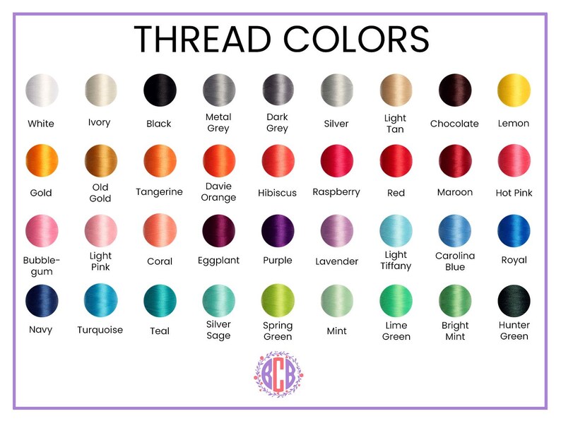 May include: A color chart displaying a variety of thread colors. The text "THREAD COLORS" is at the top. Colors include white, black, silver, red, and green. Each color is labeled with its name, such as "Lemon" and "Royal".
