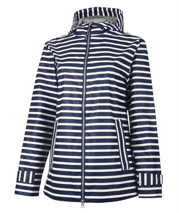 Navy and white top striped rain jacket