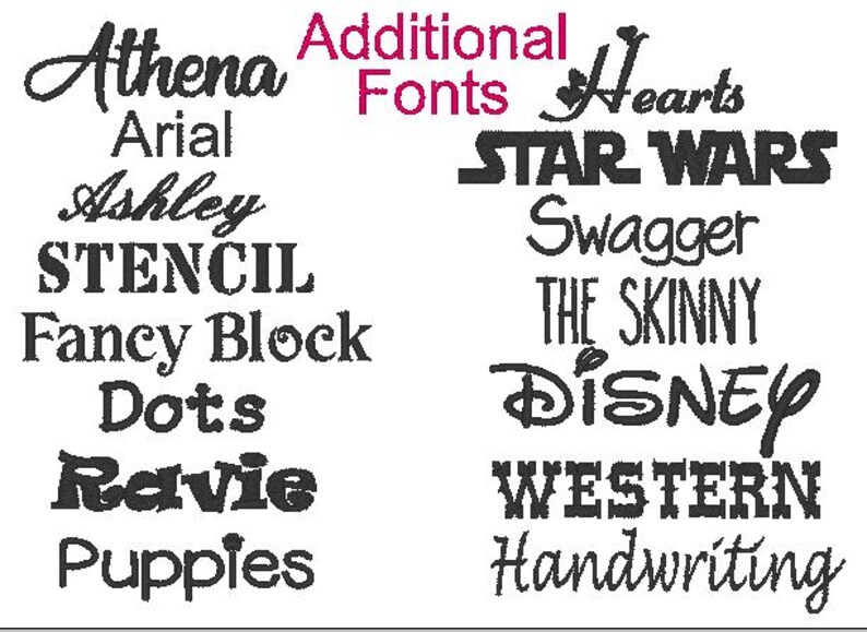 以下が含まれることがあります： ピンク色の「Additional Fonts」というテキストと、Athena、Arial、Ashley、STENCIL、Fancy Block、Dots、Ravie、Puppies、Hearts、STAR WARS、Swagger、THE SKINNY、DISNEY、WESTERN、Handwritingとラベル付けされた黒いテキストサンプルを含むフォントオプションのデジタル表示。