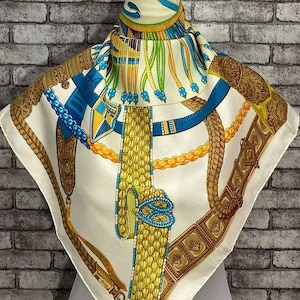 Free DHL EXPRESS Authentic Hermes “Ceintures et Liens” silk scarf (34”x35”) H7603