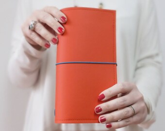 Coral Red Travelers Notebook / Regular Standard size Planner made with genuine Italian leather.