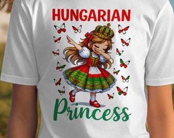 ハンガリーのプリンセスTシャツ：ちびキャラがダブポーズ、伝統衣装、蝶々柄（子供／幼児用）