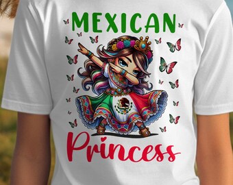 Camiseta de princesa mexicana haciendo dab: linda camiseta cultural para niñas, atuendo con orgullo mexicano para niñas