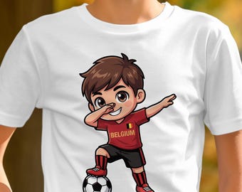 ベルギーサッカーファンTシャツ：ちびキャラ選手のダブデザイン、サッカープライドTシャツ