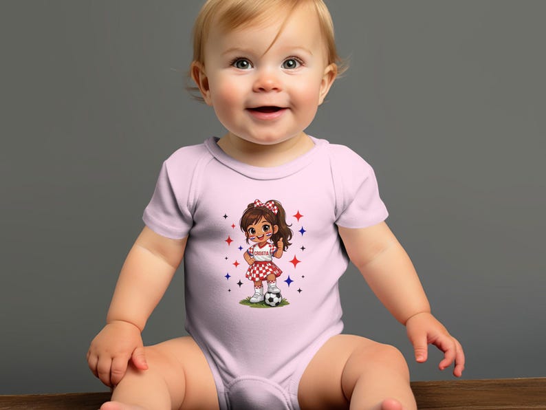 Baby in pink onesie with Croatia soccer theme and smiling face.