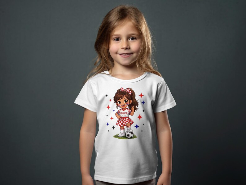 Young girl in Croatia soccer t-shirt with checkered skirt and soccer ball.