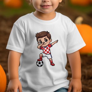 Child in white t-shirt with cartoon soccer player doing dabs, pumpkins in background.