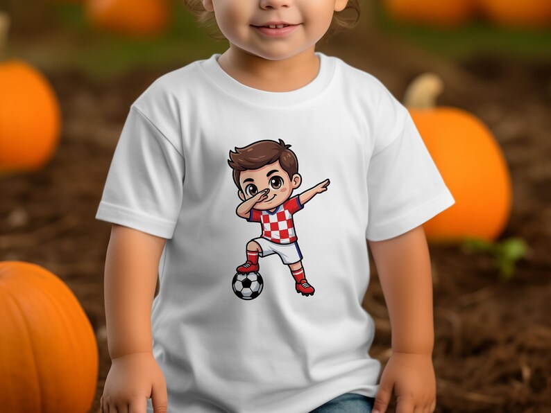 Child in white t-shirt with cartoon soccer player doing dabs, pumpkins in background.