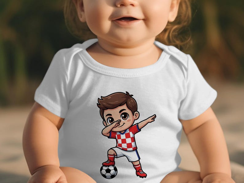 Baby wearing white bodysuit with cartoon soccer player doing a dab.
