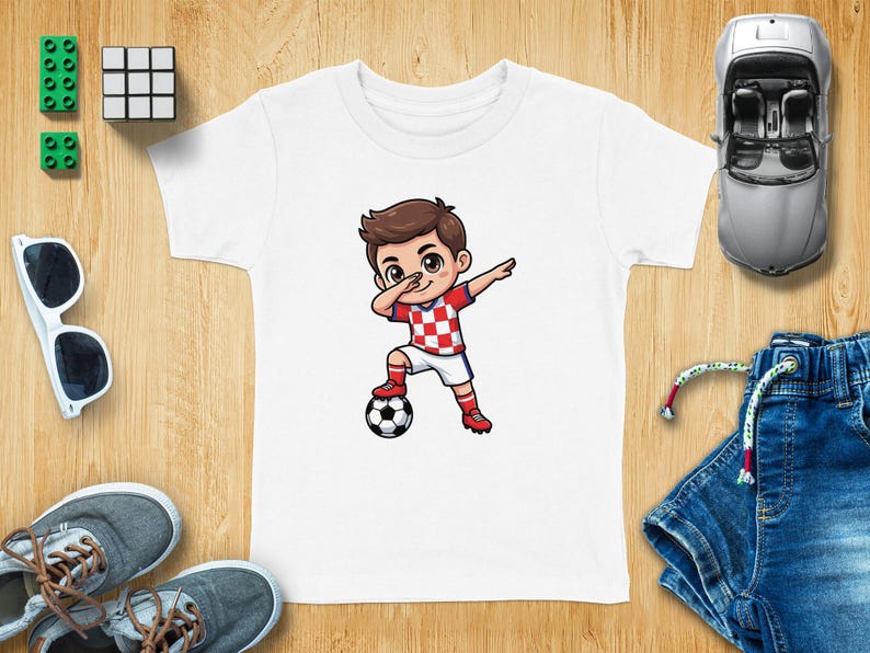 Cartoon child in Croatia soccer jersey dabs with a soccer ball.