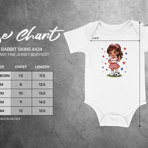 Rabbit Skins 4424 infant bodysuit size chart with chest and length measurements.