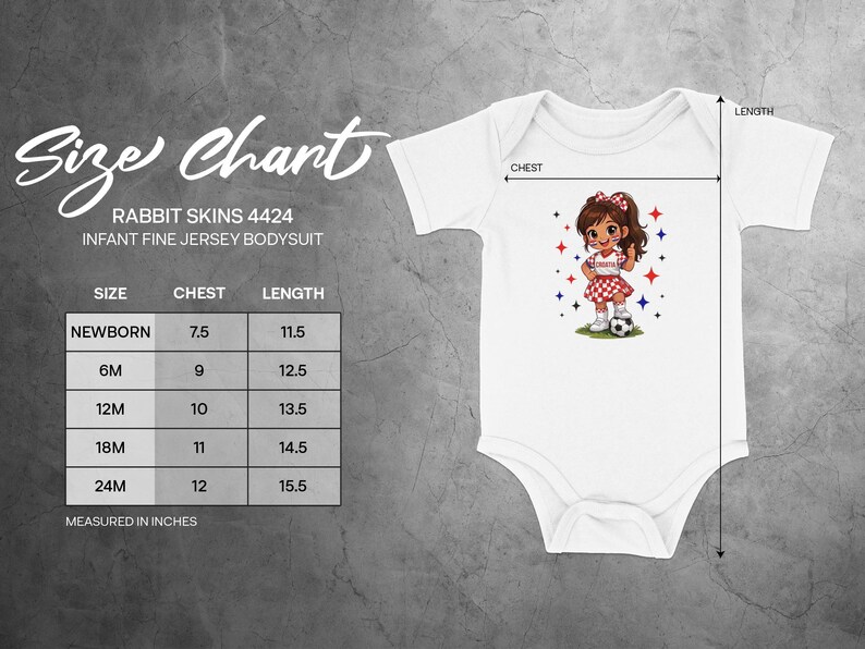 Rabbit Skins 4424 infant bodysuit size chart with chest and length measurements.