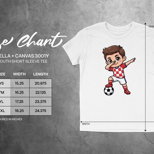 Bella + Canvas 3001Y youth tee size chart with dimensions in inches.