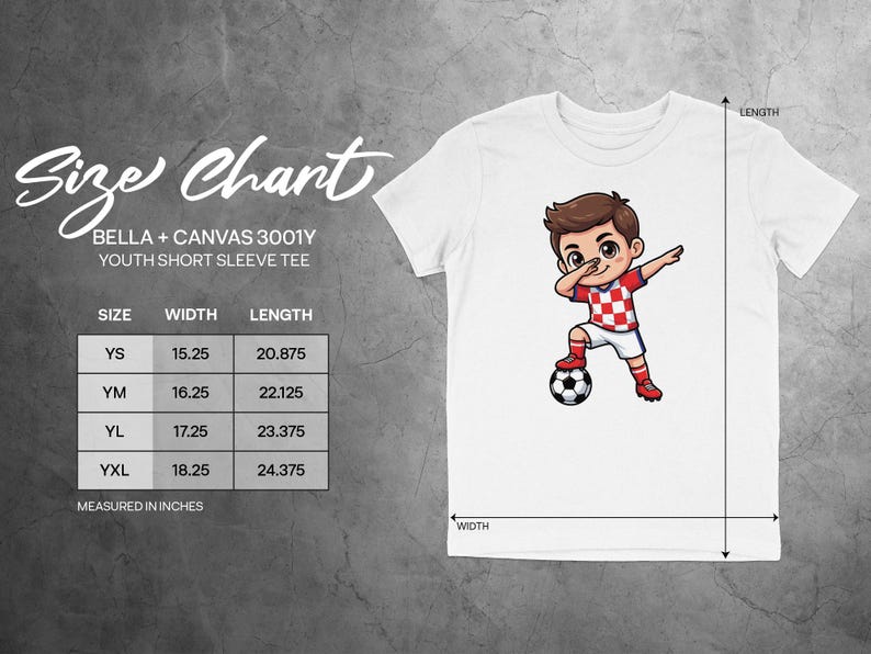 Bella + Canvas 3001Y youth tee size chart with dimensions in inches.