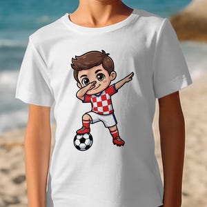 Chibi soccer player with Croatian flag shirt and shorts, dabbing, on a beach.