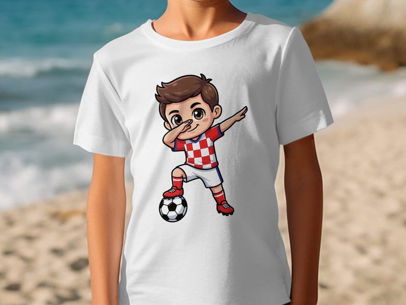 Chibi soccer player with Croatian flag shirt and shorts, dabbing, on a beach.