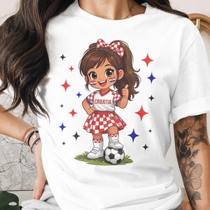 Cartoon girl in Croatia soccer uniform with ball and thumbs up.