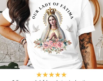 Maglietta della Madonna di Fatima: abbigliamento religioso floreale della Vergine Maria