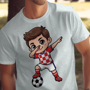 Cartoon boy in Croatia soccer uniform dabbing with soccer ball.