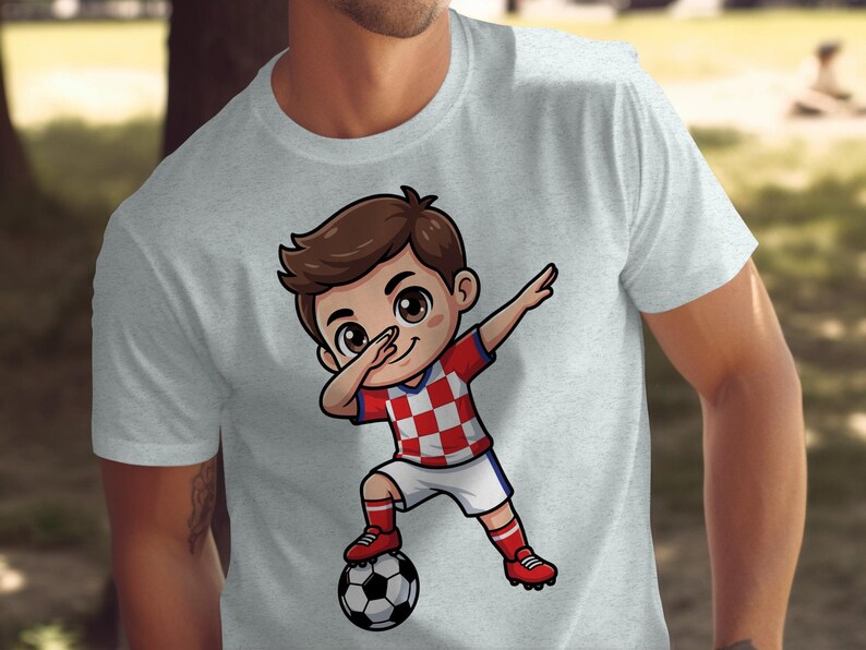 Cartoon boy in Croatia soccer uniform dabbing with soccer ball.