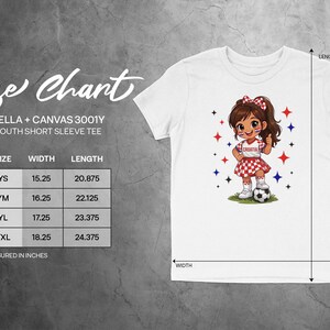Size chart for Bella + Canvas 3001Y youth short sleeve tee with dimensions.