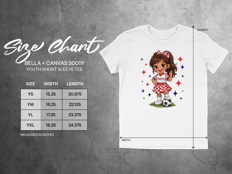 Size chart for Bella + Canvas 3001Y youth short sleeve tee with dimensions.