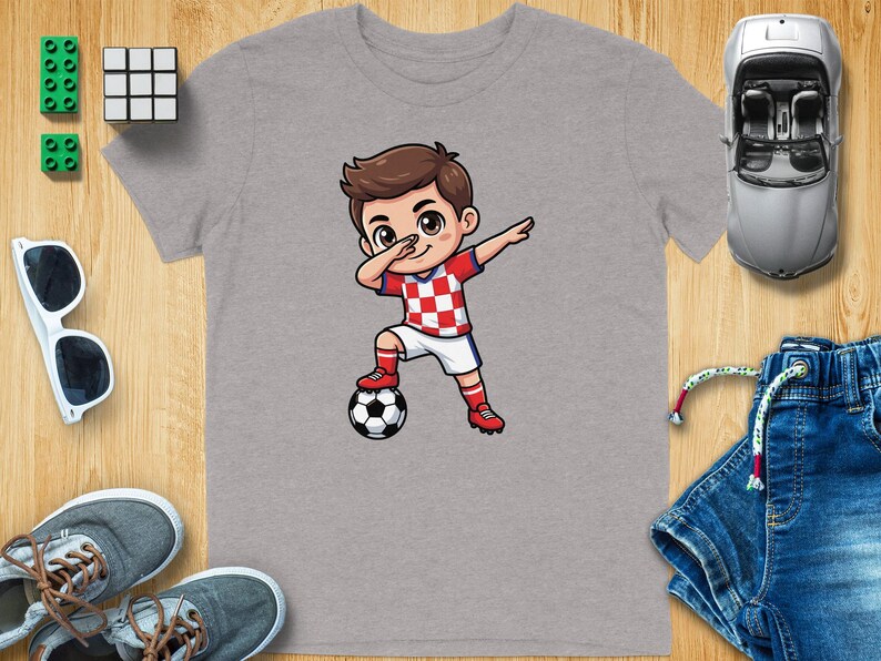Boy in Croatian soccer uniform dabbing next to a soccer ball.