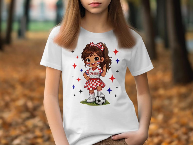 Cartoon girl in Croatia soccer jersey holding ball with checkered skirt.