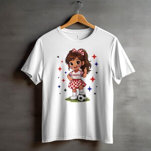 Cartoon girl in Croatian soccer jersey giving thumbs up next to a ball.