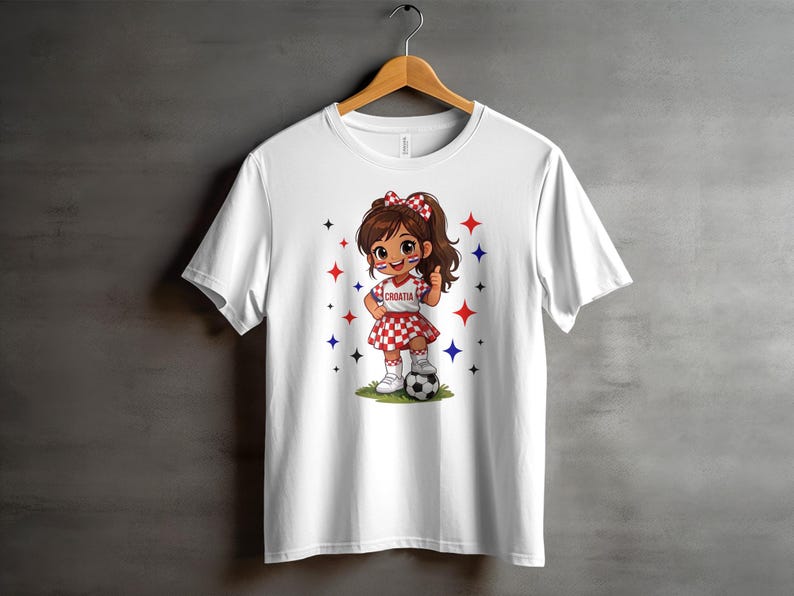Cartoon girl in Croatian soccer jersey giving thumbs up next to a ball.