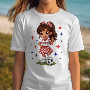 Cartoon girl in Croatia soccer uniform with thumbs up and football.