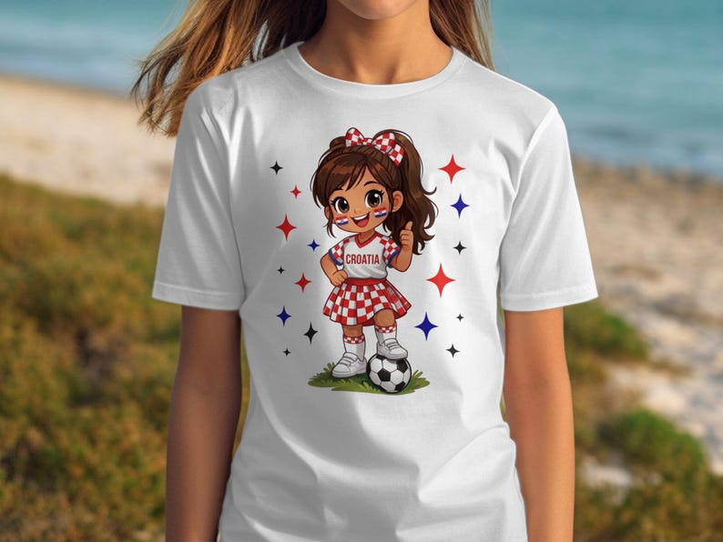 Cartoon girl in Croatia soccer uniform with thumbs up and football.