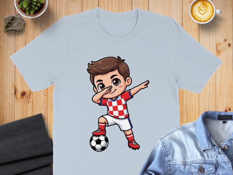 Cartoon boy in Croatia soccer uniform dabbing with a soccer ball.