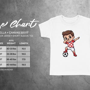 Bella+Canvas 3001T toddler size chart with weight and length measurements.
