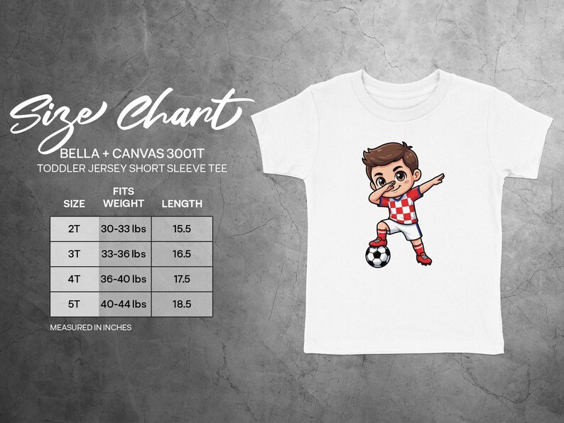 Bella+Canvas 3001T toddler size chart with weight and length measurements.