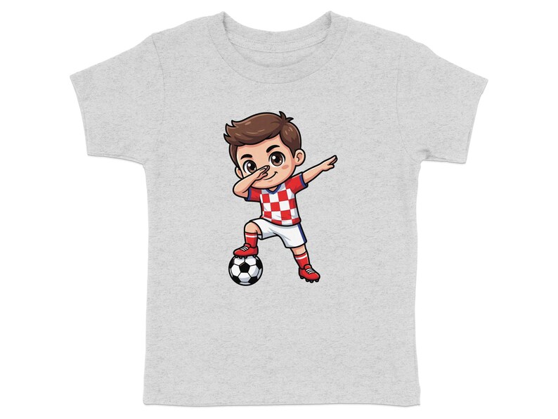 Cartoon boy in Croatian soccer uniform dabbing with ball.