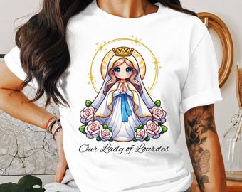 Our Lady of Lourdes Anime T-Shirt: Catholic Marian Devotional
