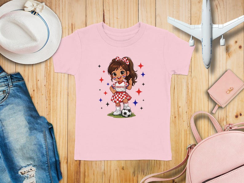 Pink t-shirt with cartoon girl in Croatian flag outfit holding a soccer ball.